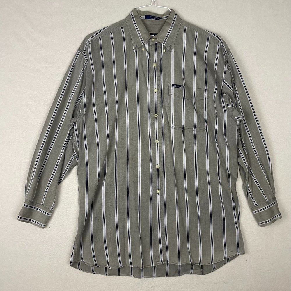 VINTAGE Chaps Ralph Lauren Men's Medium Button Up Gray Striped Shirt Logo Pocket
